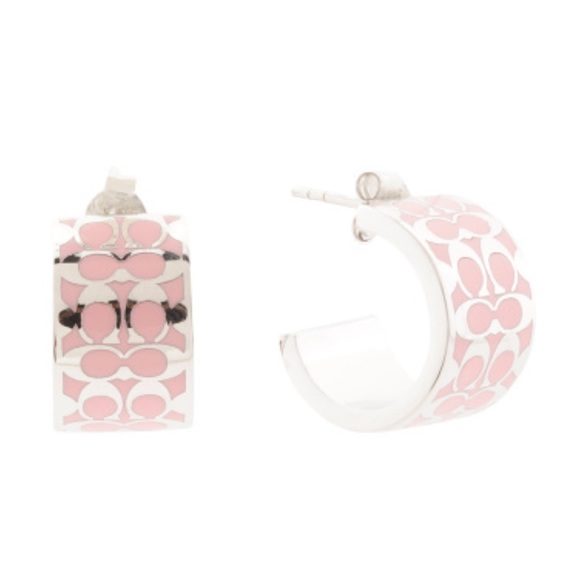 🩷COACH Signature Enamel Huggie Earrings / Silver & Pink - Picture 1 of 8